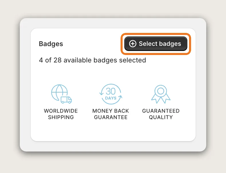 Vitals Trust Seals and Badges Badges card with the Select badges button highlighted and 4 of 28 badges selected