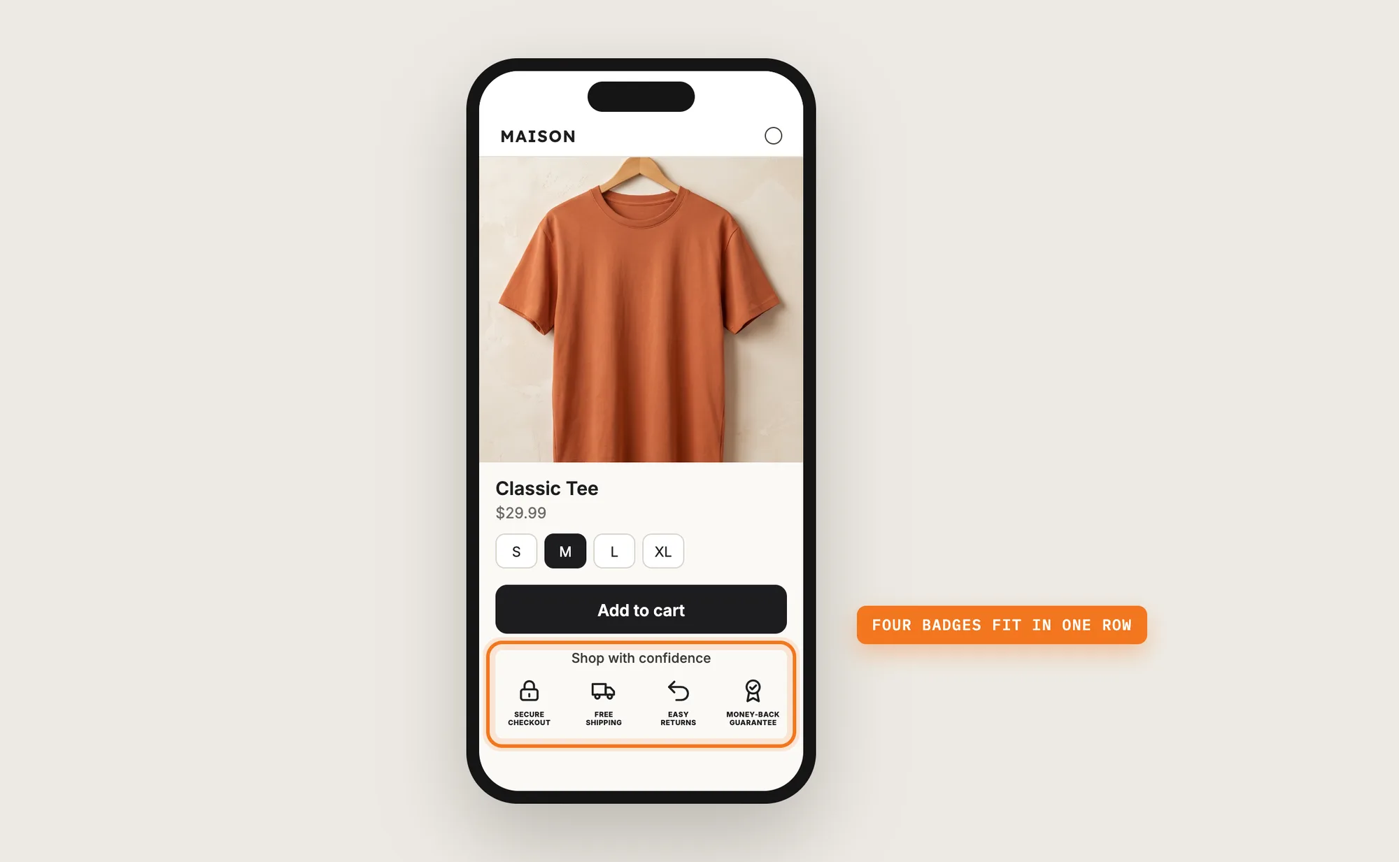 A phone showing a product page with four trust badges in one row under the Add to cart button