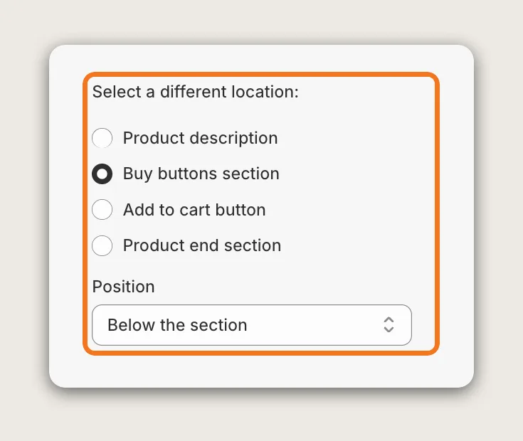 Vitals Trust Seals and Badges Automatic placement options with Buy buttons section selected and Position set to Below the section, highlighted
