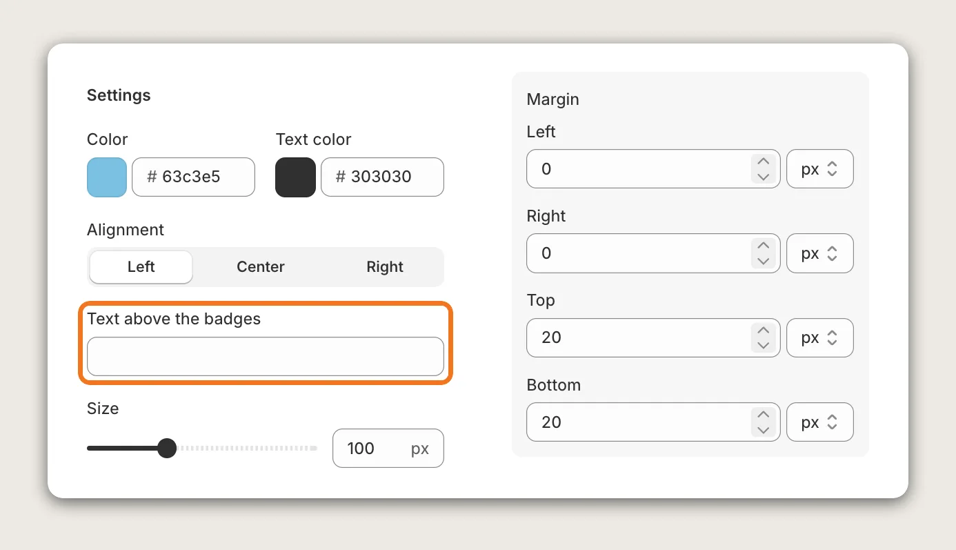 Vitals Trust Seals and Badges Settings card with the Text above the badges field highlighted, plus Color, Text color, Alignment, Size and Margin