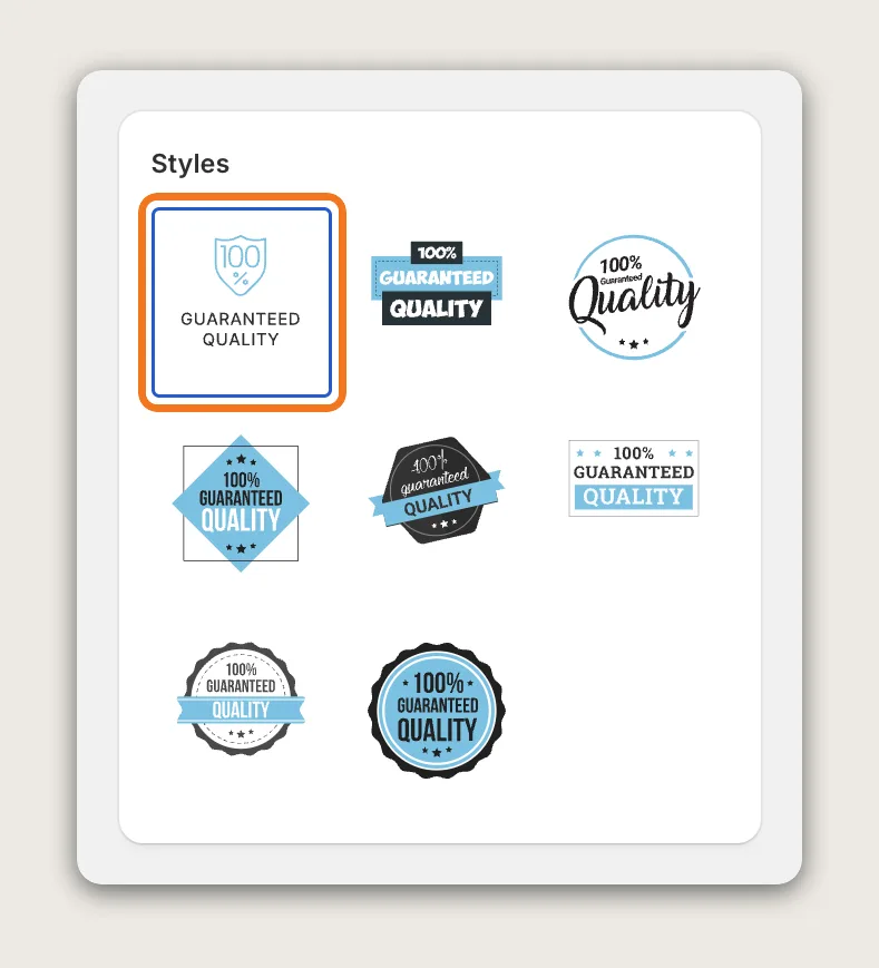 Vitals Trust Seals and Badges Styles card with 8 style thumbnails and the first Icon style highlighted