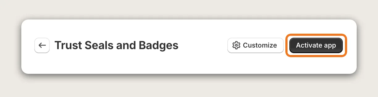 Trust Seals and Badges page header with the Customize button and the Activate app button highlighted
