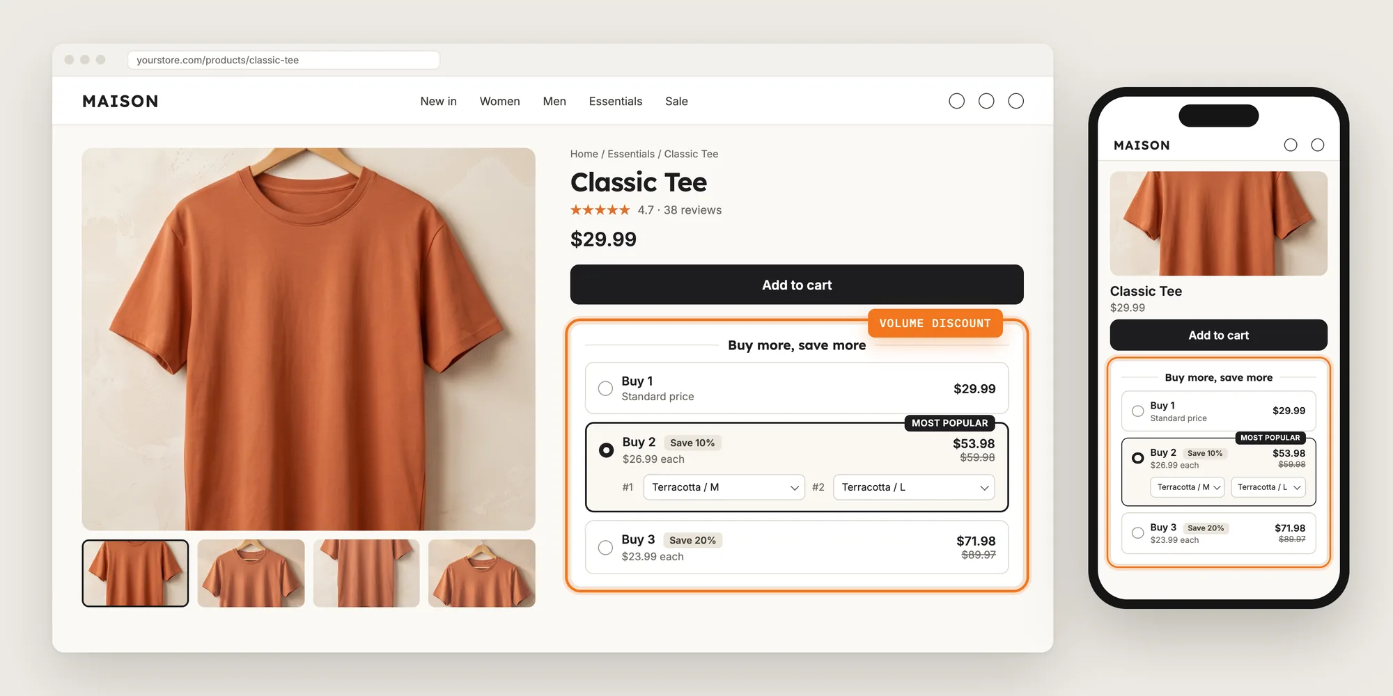 A Shopify product page on desktop and mobile with volume discount tiers for 1, 2 and 3 tees highlighted above the Add to cart button