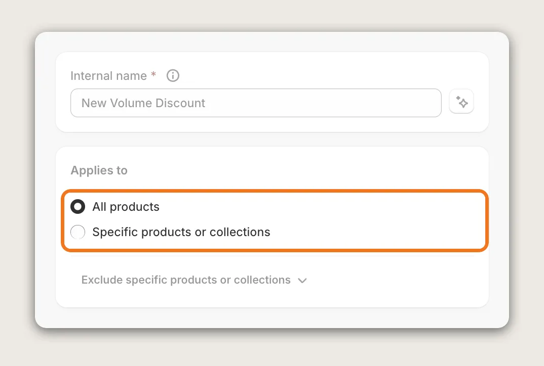 Vitals offer editor Internal name and Applies to cards, with the All products and Specific products or collections options highlighted