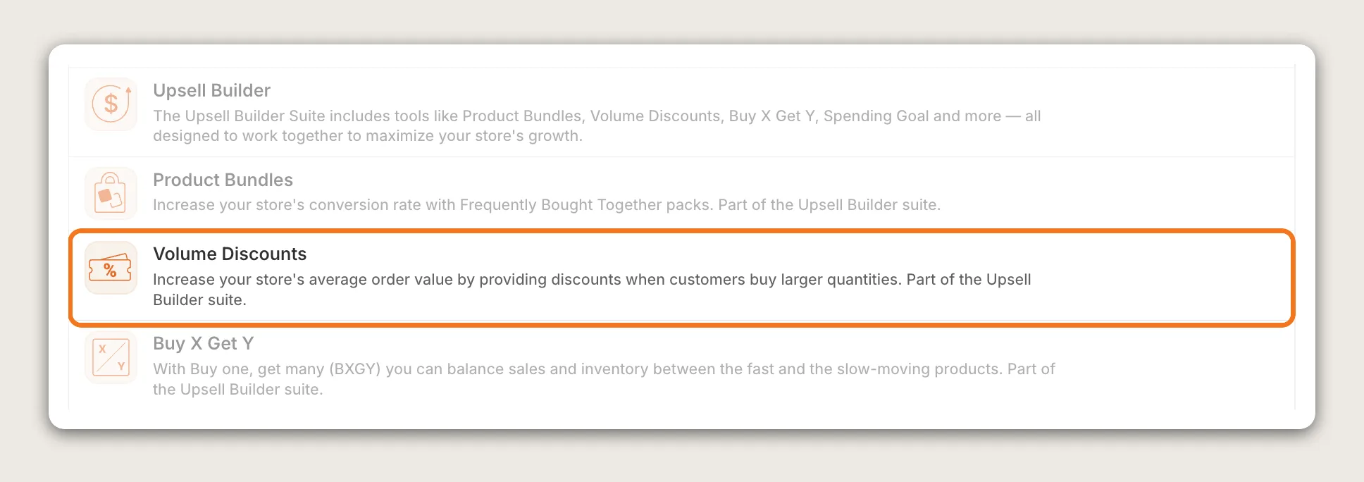 Vitals apps list with the Volume Discounts row highlighted