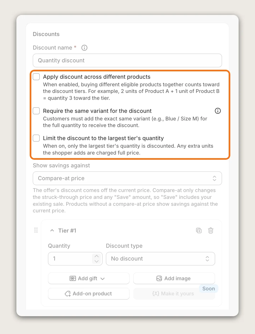 Vitals Discounts card with Discount name, the Apply discount across different products, Require the same variant and Limit the discount checkboxes highlighted, Show savings against and Tier #1