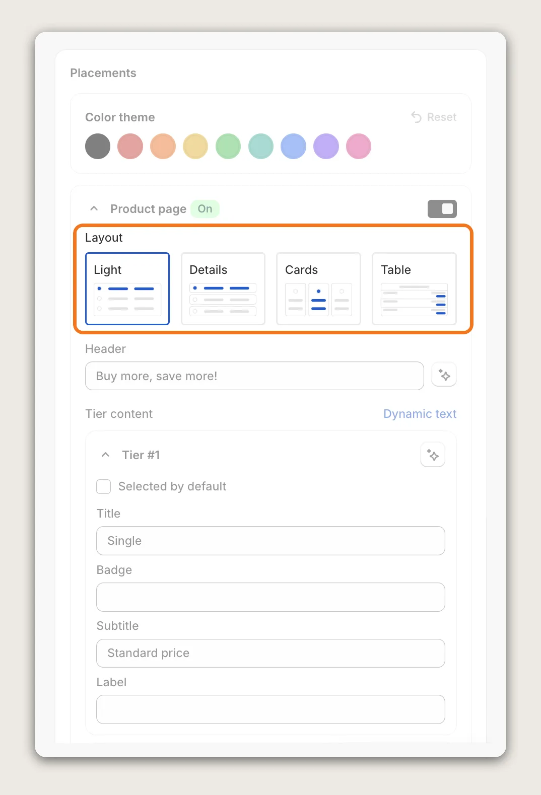 Vitals Placements card with Color theme, the Product page placement on and the Light, Details, Cards and Table layouts highlighted