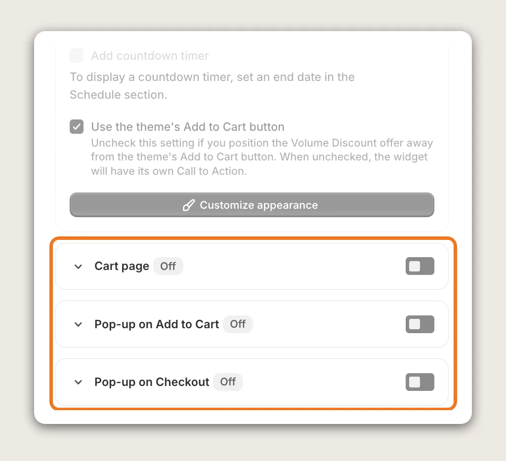 Vitals Placements card with the Cart page, Pop-up on Add to Cart and Pop-up on Checkout rows highlighted