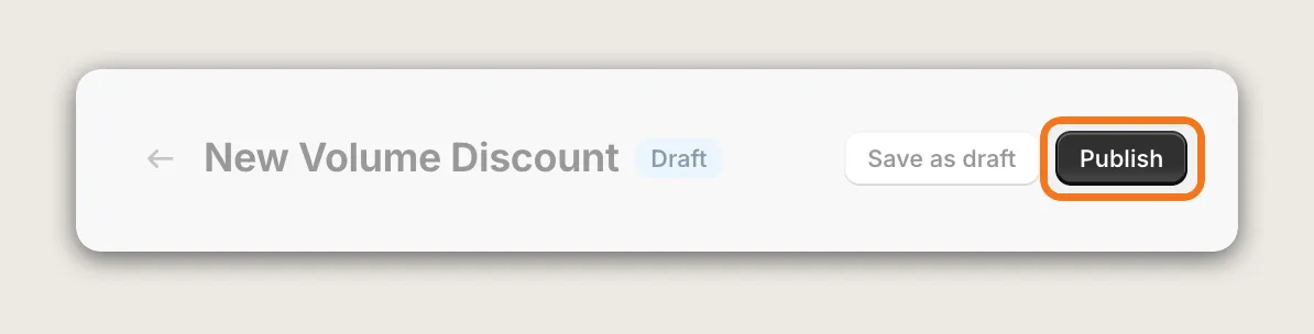 Vitals offer editor header for New Volume Discount with the Publish button highlighted next to Save as draft