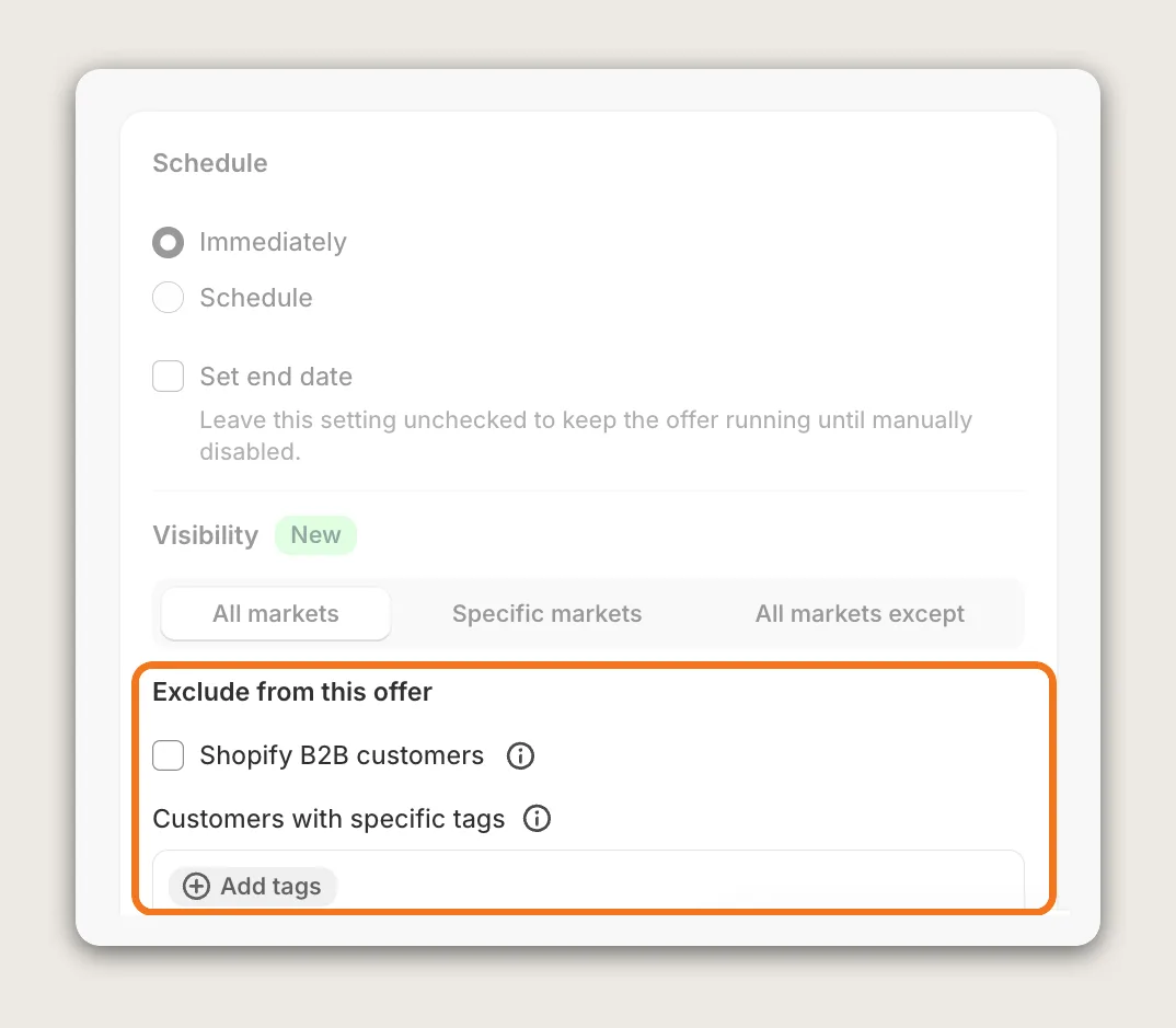 Vitals Schedule card with Immediately, Schedule, Set end date and Visibility, and the Exclude from this offer settings highlighted