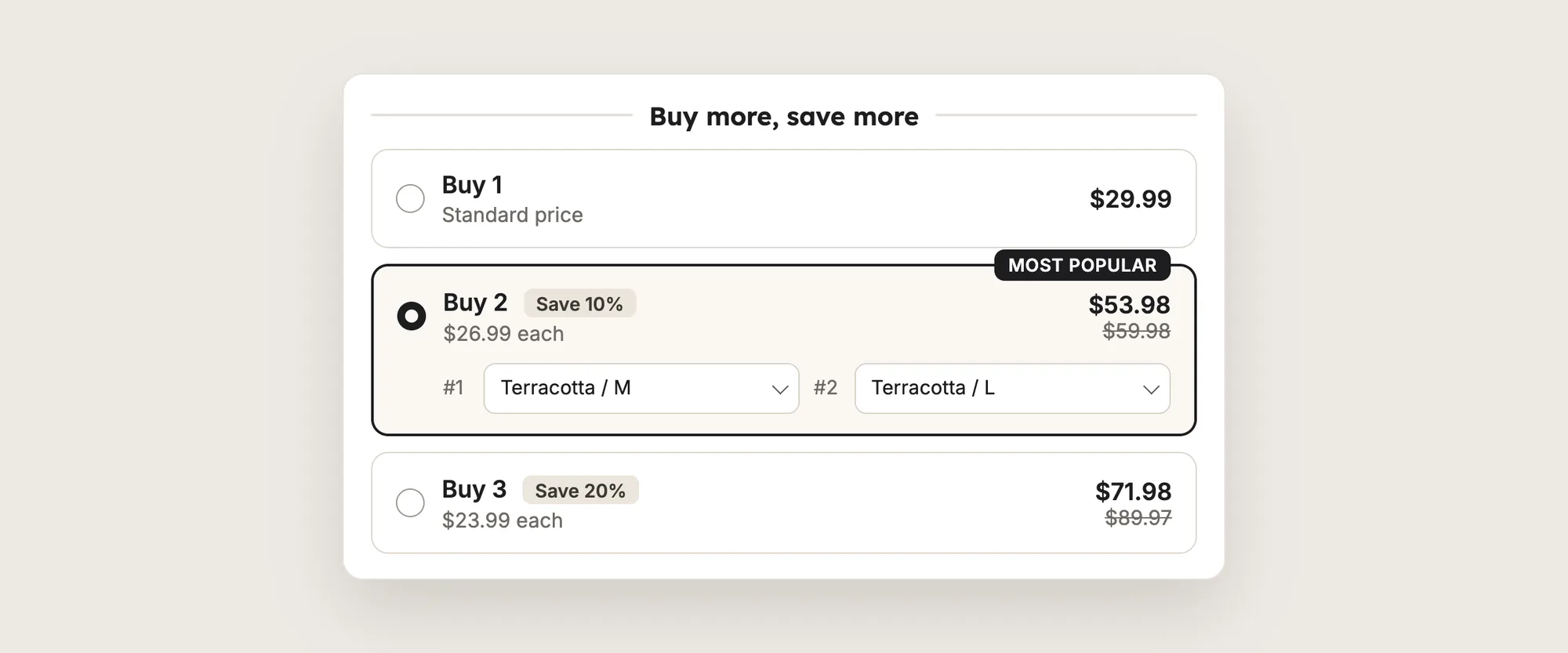 Close-up of volume discount tiers for a tee: Buy 1 at the standard price, Buy 2 with a Save 10% label and a Most popular badge, and Buy 3 with a Save 20% label