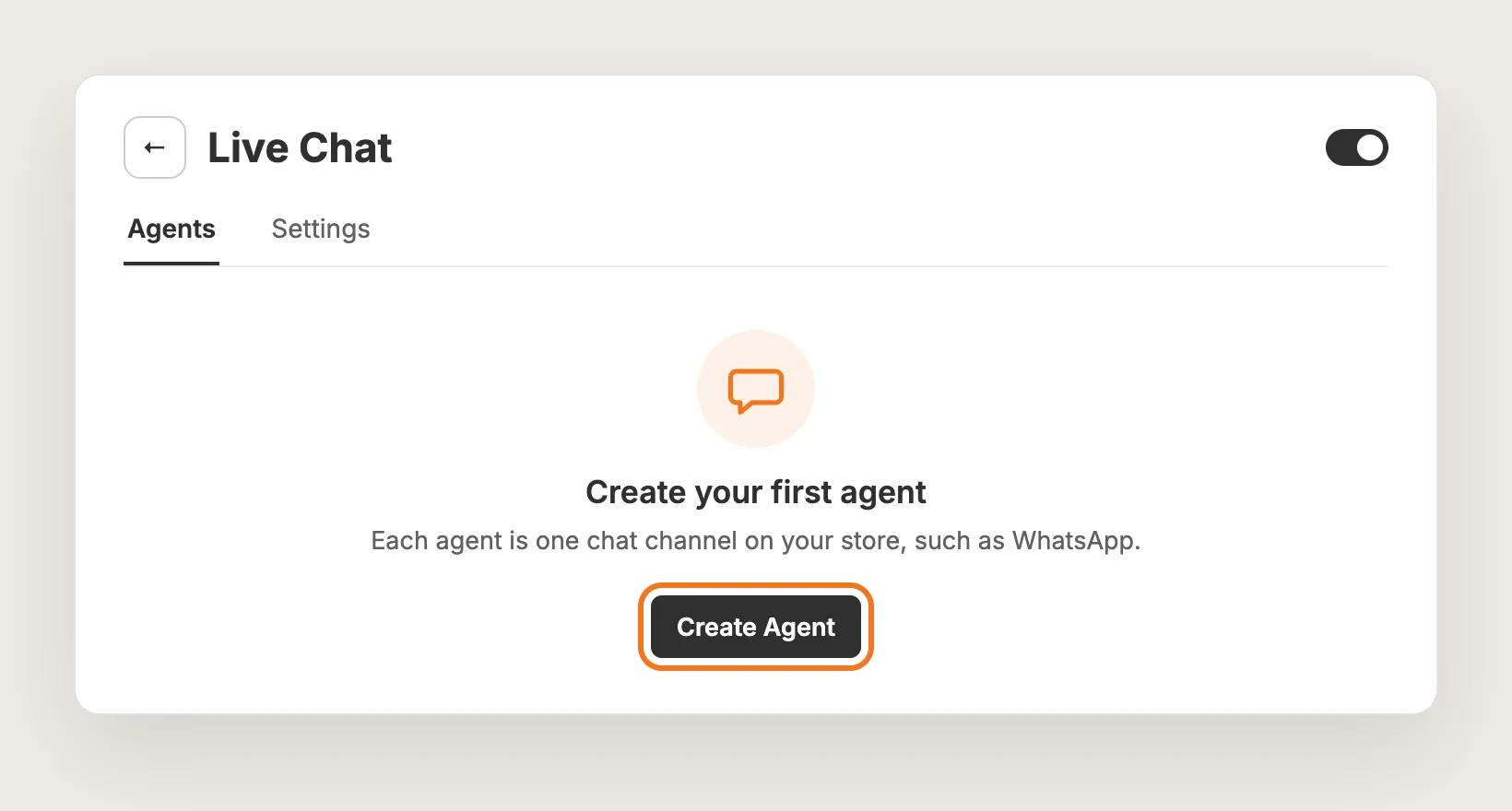 Live Chat Agents tab with the Create Agent button highlighted