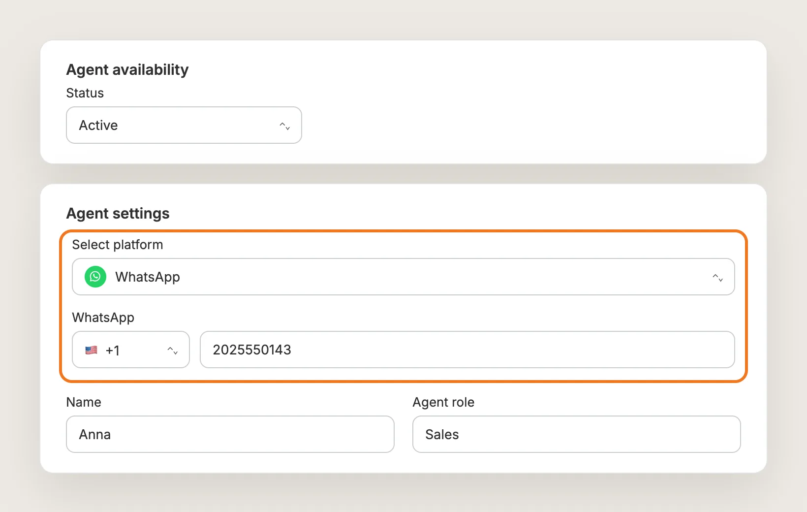 Agent settings card with WhatsApp selected as the platform and a phone number with country code