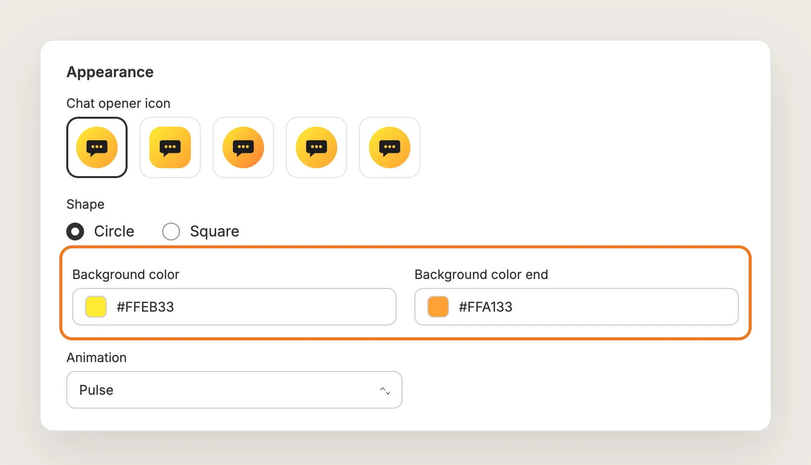 Appearance card with five chat opener icons, the shape options, the two background colors highlighted and Animation set to Pulse