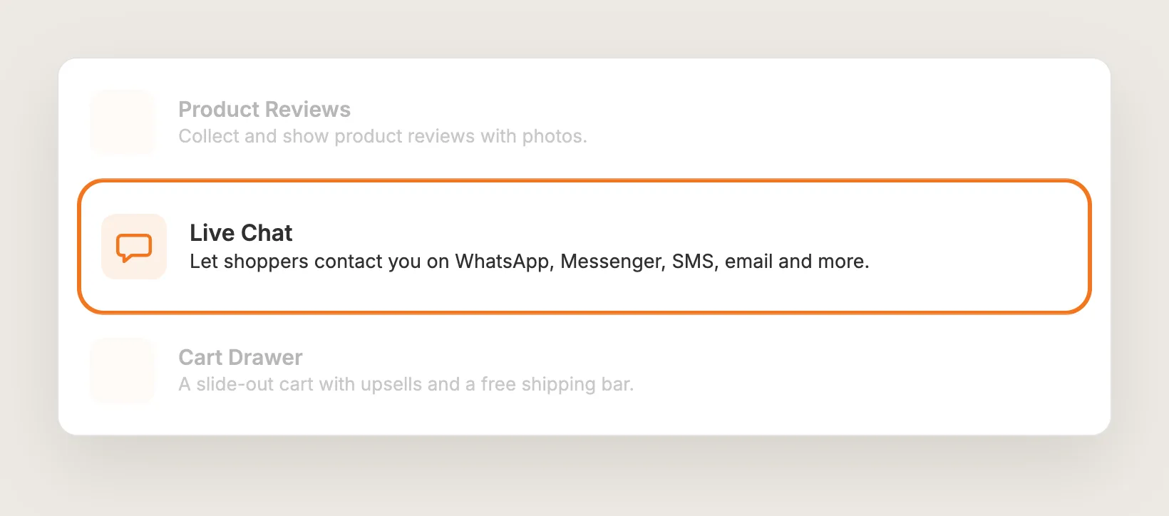Vitals apps list with the Live Chat row highlighted