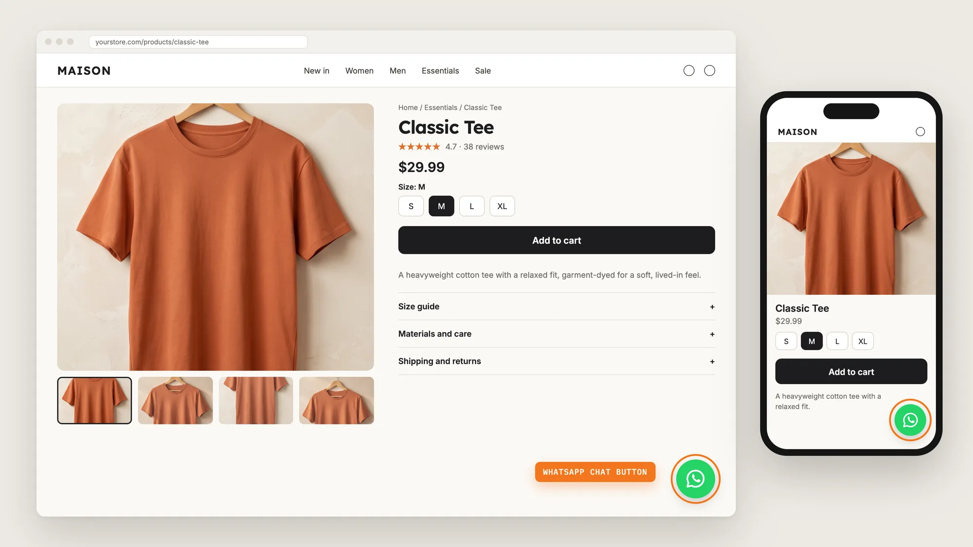 A Shopify product page on desktop and mobile with the floating WhatsApp chat button highlighted in the bottom-right corner