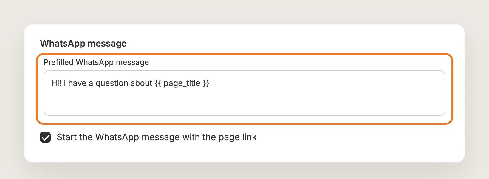 WhatsApp message card with a prefilled message that uses the page title, and the page link option ticked