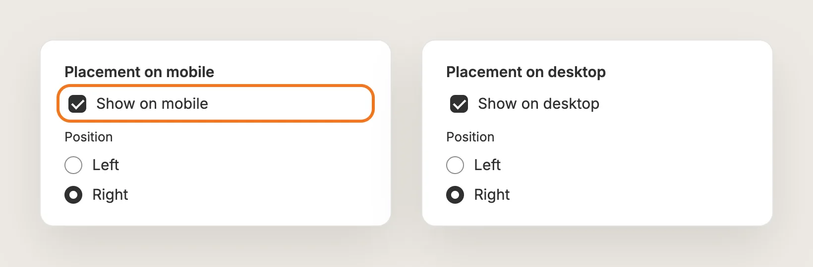 Placement on mobile and Placement on desktop cards with Show on mobile ticked and Position set to Right