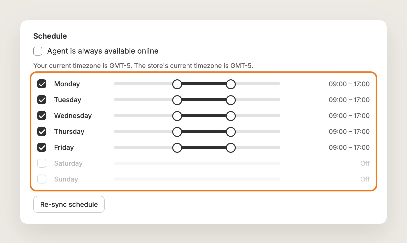 Schedule card with Monday to Friday ticked from 09:00 to 17:00 and the Re-sync schedule button