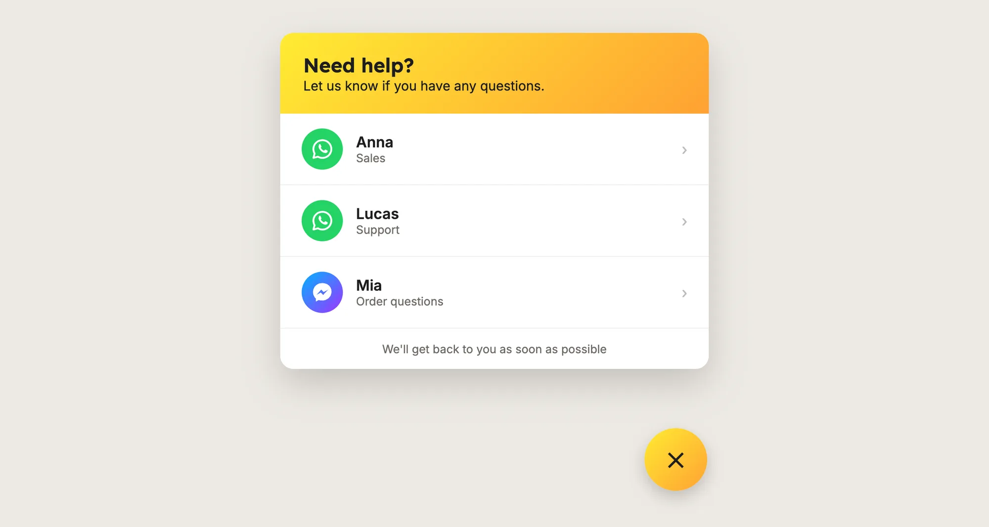 Close-up of an open chat window with a "Need help?" header and WhatsApp agents named Anna and Lucas