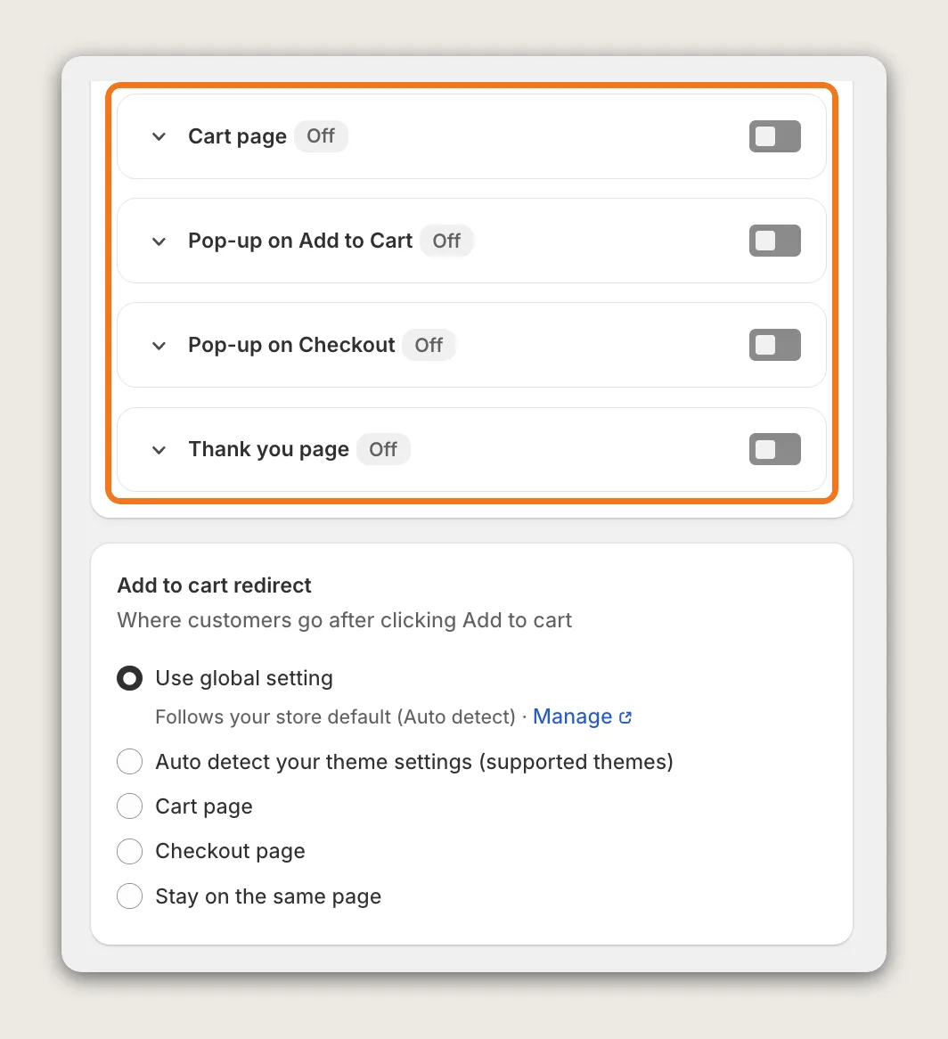 Vitals Cart page, Pop-up on Add to Cart, Pop-up on Checkout and Thank you page placements highlighted above the Add to cart redirect card