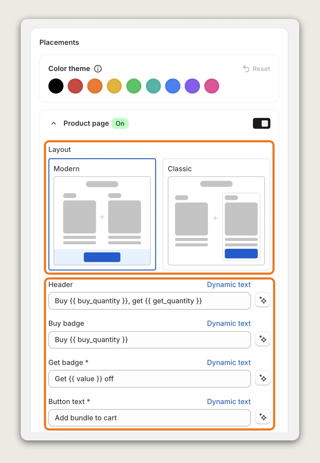 Vitals Placements card with the Modern and Classic layouts and the Header, Buy badge, Get badge and Button text fields highlighted