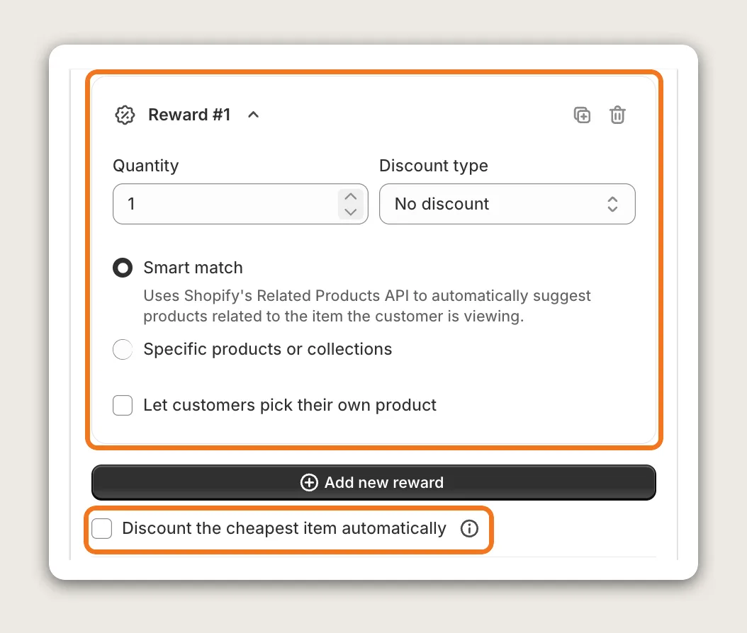 Vitals Reward #1 card with Quantity and Discount type, and the Discount the cheapest item automatically checkbox, both highlighted