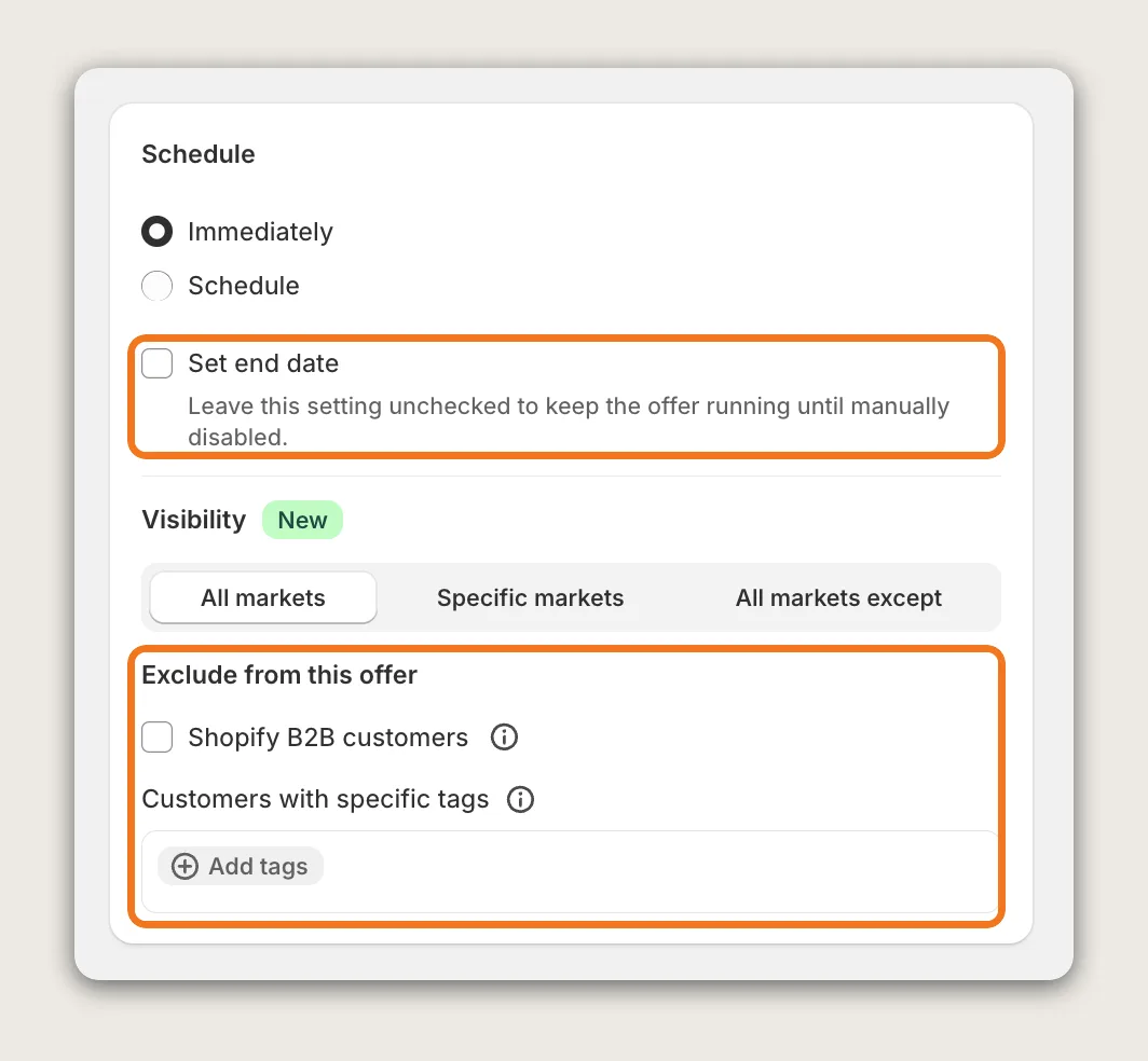 Vitals Schedule card with Set end date and Exclude from this offer highlighted