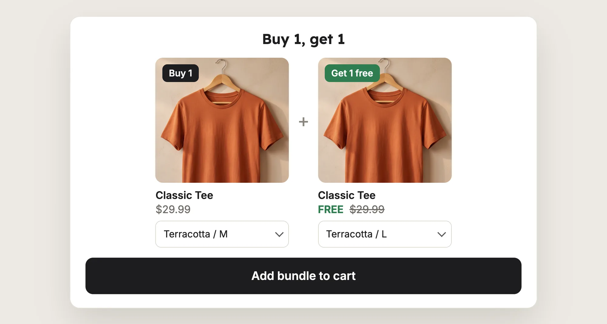 Close-up of a buy one get one free offer with two Classic Tees, a Buy 1 badge, a Get 1 free badge, a variant dropdown for each tee and an Add bundle to cart button