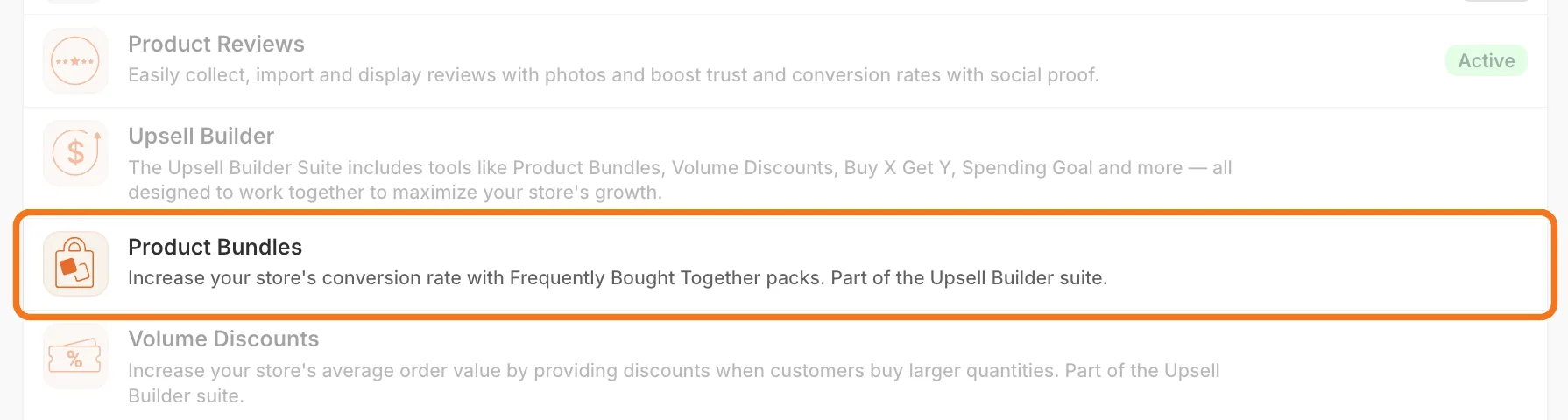 Vitals apps list with the Product Bundles row highlighted