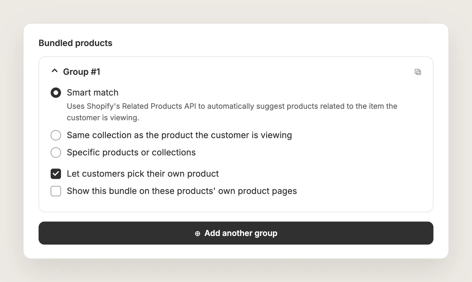 Vitals Bundled products card with Group #1 set to Smart match and Let customers pick their own product ticked