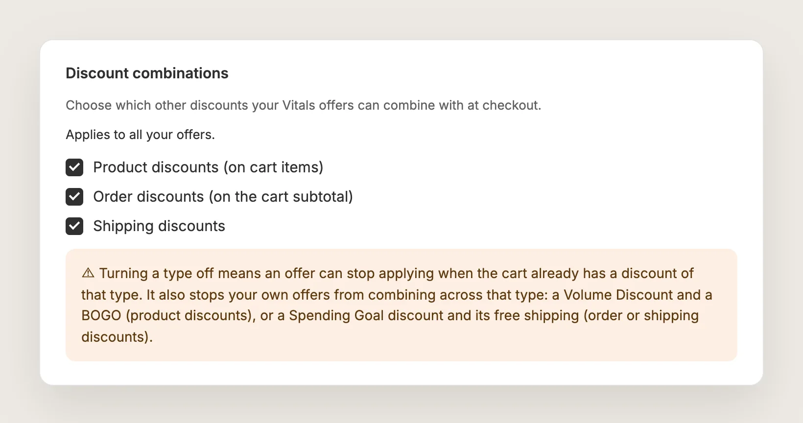Vitals Discount combinations card with product, order and shipping discounts ticked