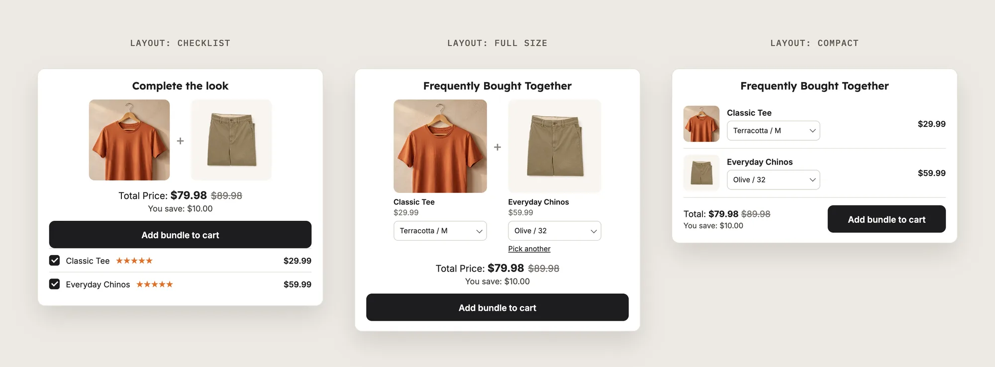 Three product bundle layouts side by side: Checklist, Full size and Compact