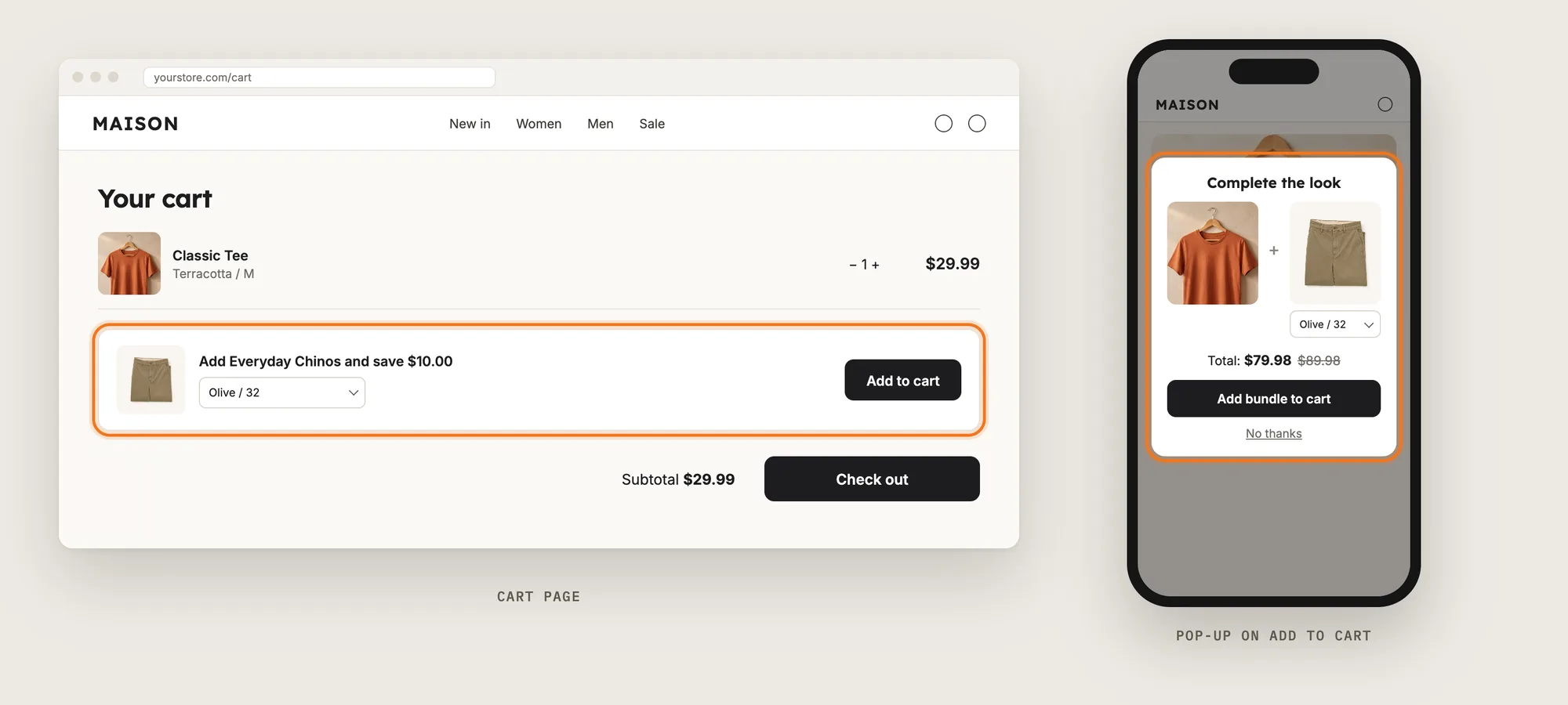 A cart page suggesting the missing product from a bundle, and a phone showing the bundle in a pop-up after Add to Cart