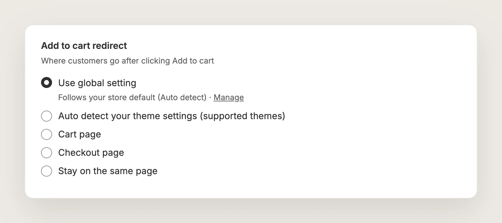 Vitals Add to cart redirect card with Use global setting selected