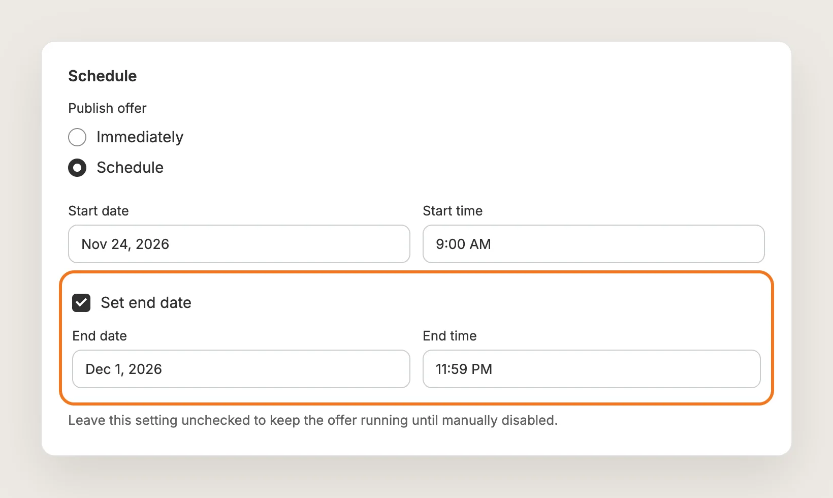 Vitals Schedule card with Publish offer set to Schedule and the Set end date fields highlighted