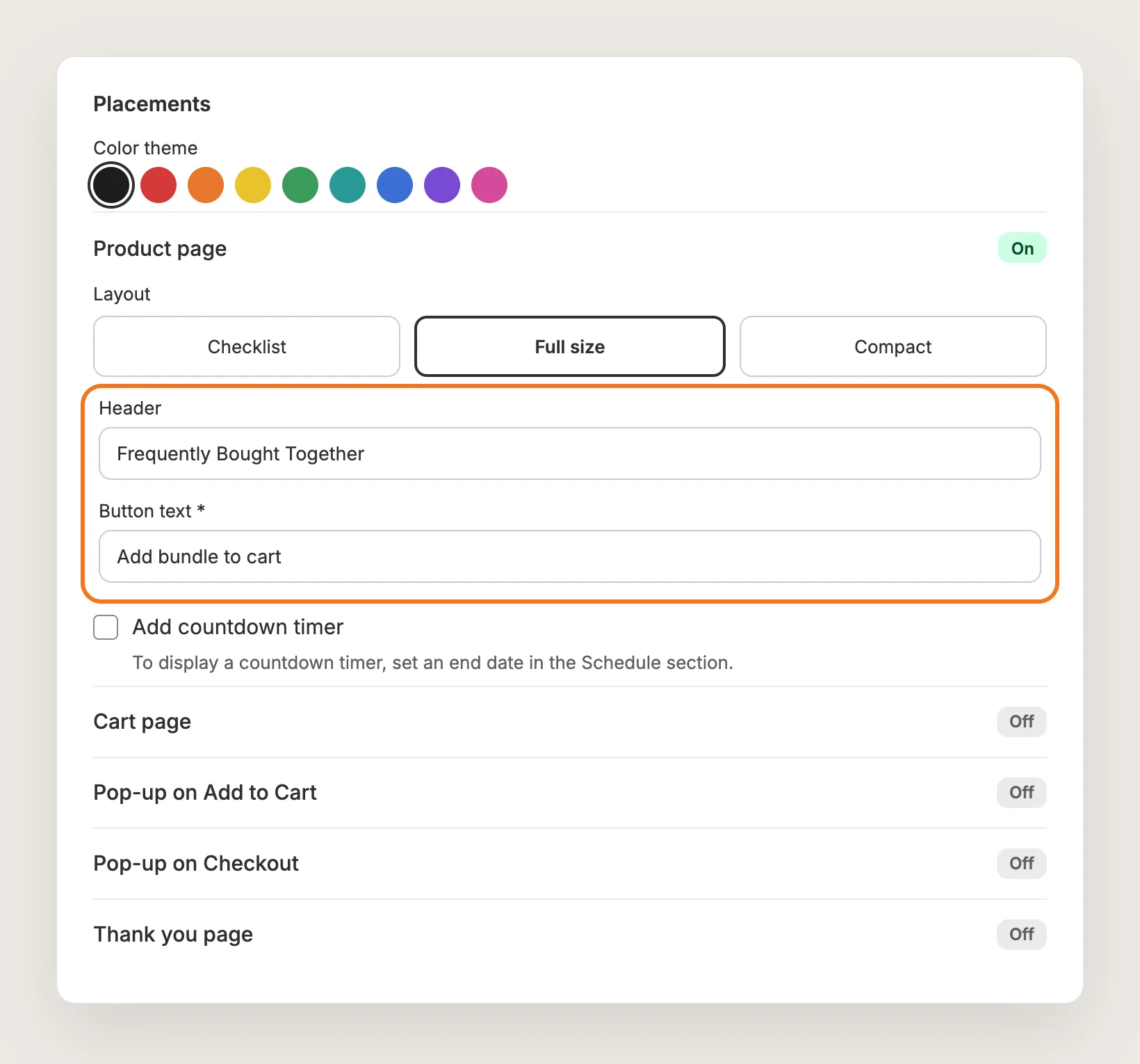 Vitals Placements card with the Product page placement on, the Full size layout selected and the Header and Button text fields highlighted