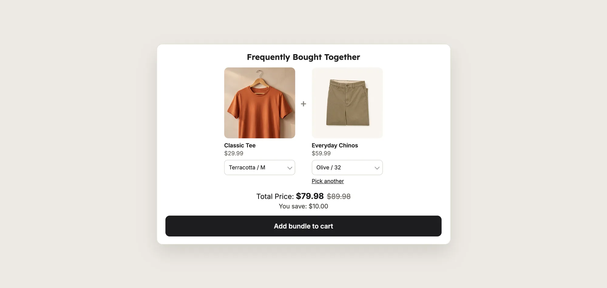 Close-up of a Frequently Bought Together product bundle with a tee and chinos, variant dropdowns, a Pick another link, the total price, the saving and an Add bundle to cart button