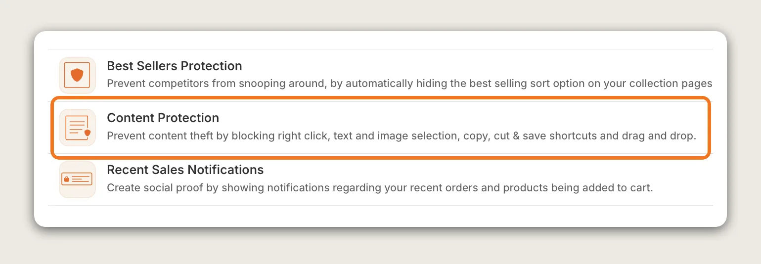 Vitals apps list with the Content Protection row highlighted between Best Sellers Protection and Recent Sales Notifications