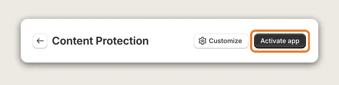 Vitals Content Protection app page header with the Activate app button highlighted next to Customize