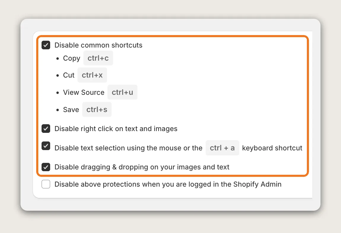 Vitals Content Protection settings with the four ticked protections highlighted: common shortcuts, right click, text selection and dragging