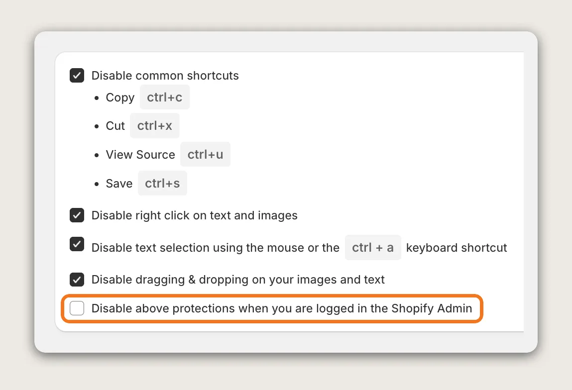 Vitals Content Protection settings with the unticked Disable above protections when you are logged in the Shopify Admin checkbox highlighted