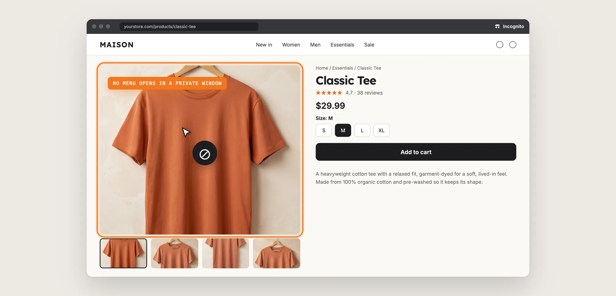 A product page in an incognito window where right-click on the product photo opens no menu