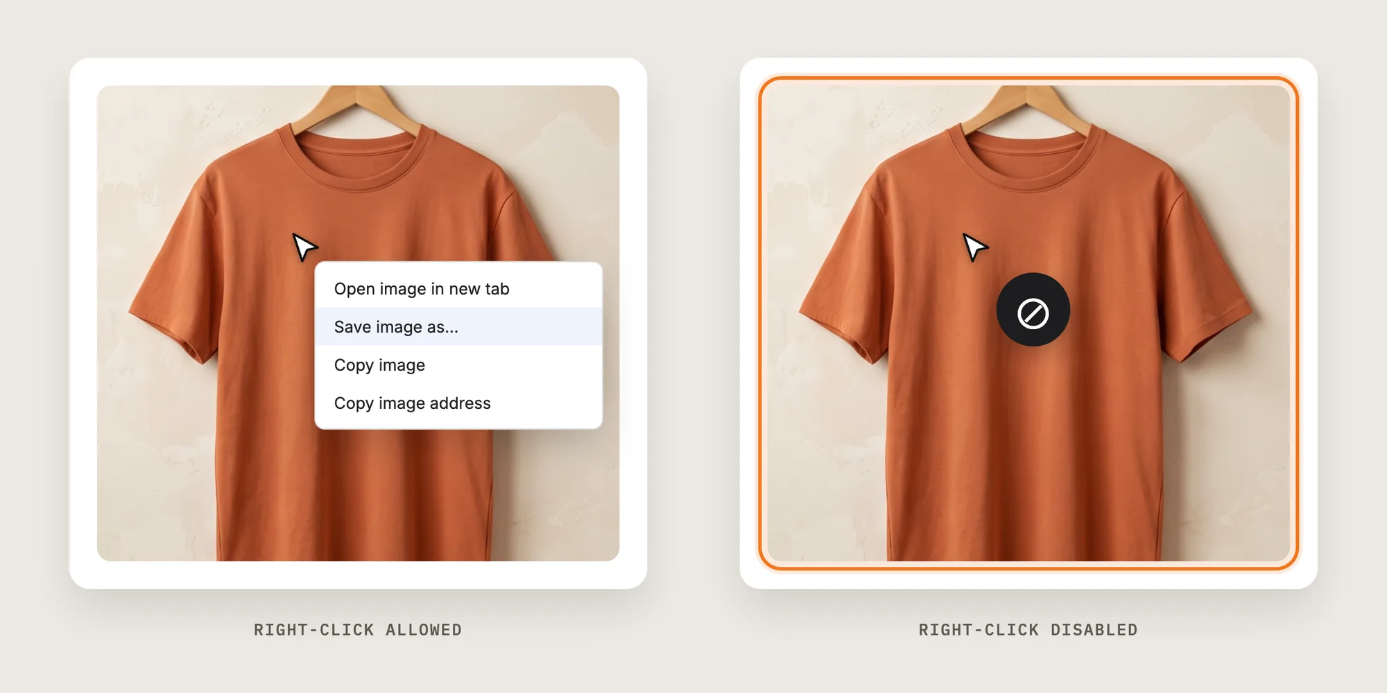 Two product photos side by side: on the left a right-click menu with Save image as is open, on the right right-click is disabled and no menu opens