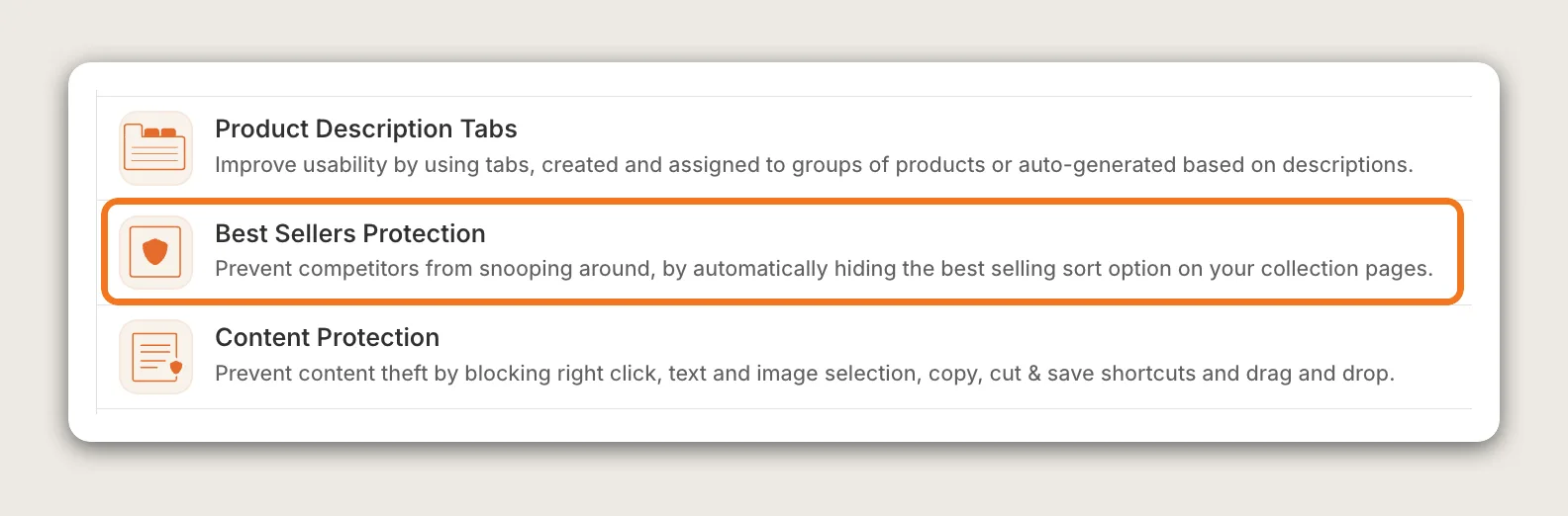 Vitals apps list with the Best Sellers Protection row highlighted between Product Description Tabs and Content Protection