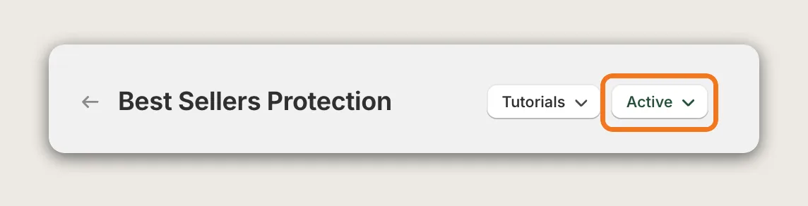 Best Sellers Protection page header with the Tutorials button and the Active button highlighted
