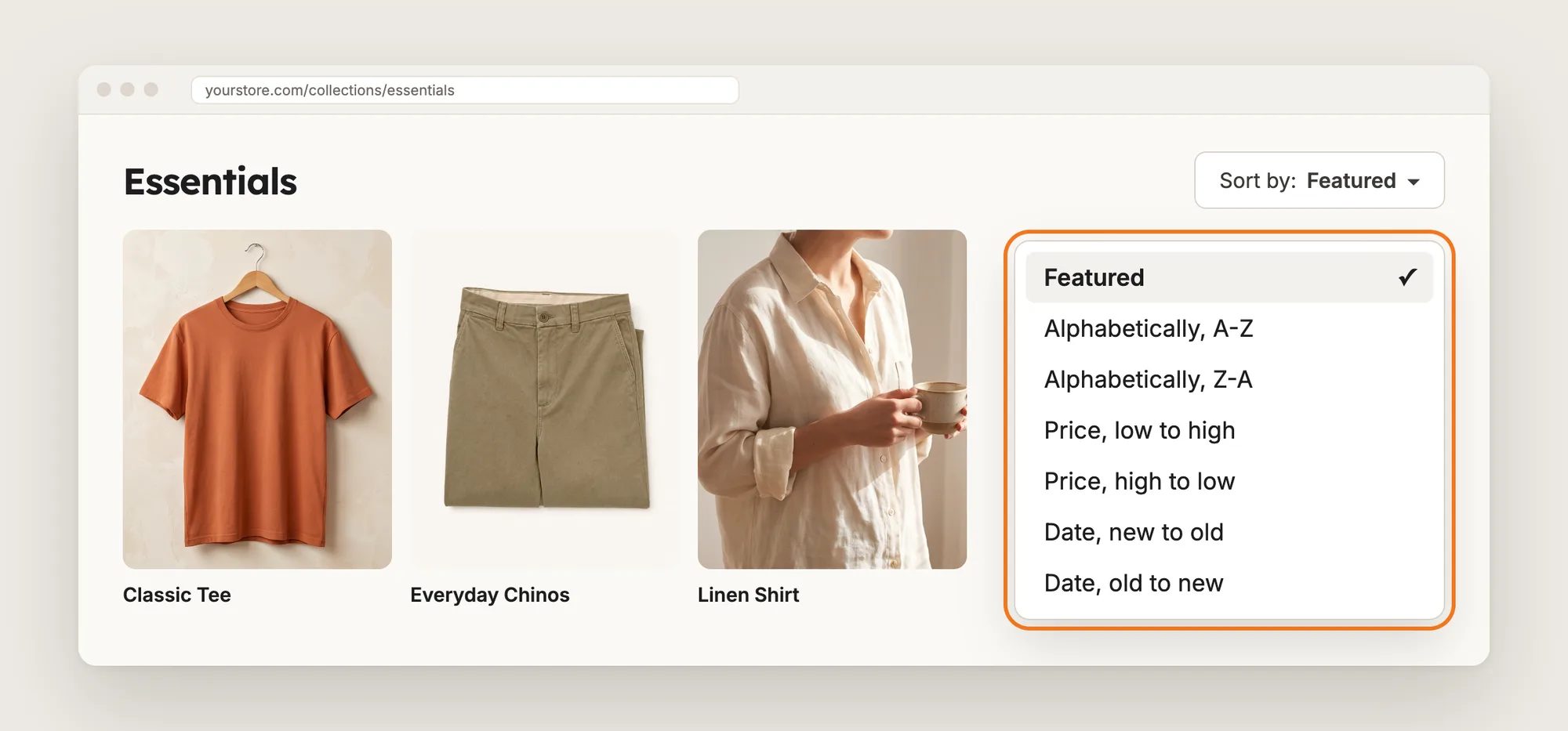 A Shopify collection page with the sort menu open and no Best selling option, highlighted
