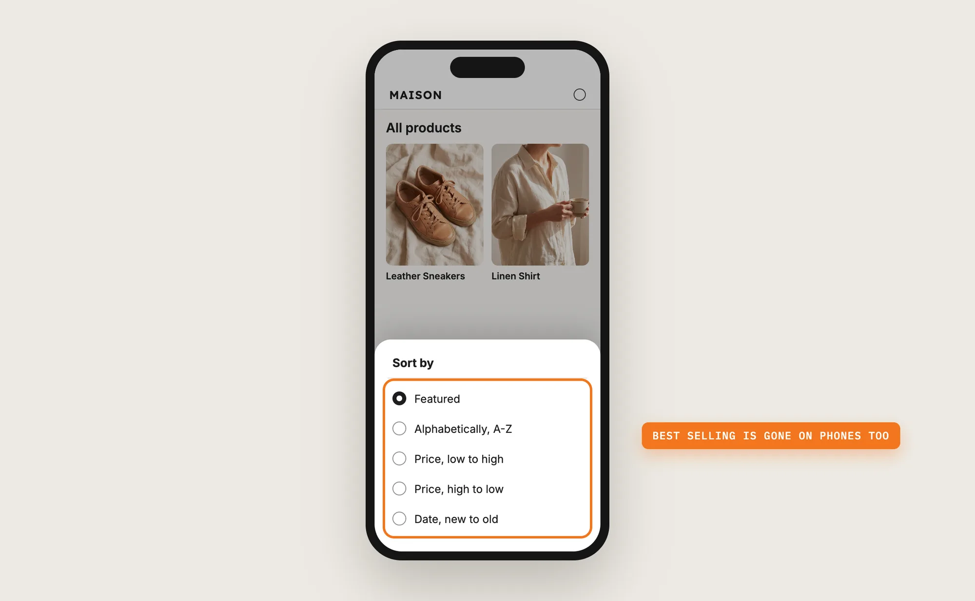 A phone showing a collection page with the sort sheet open and no Best selling option