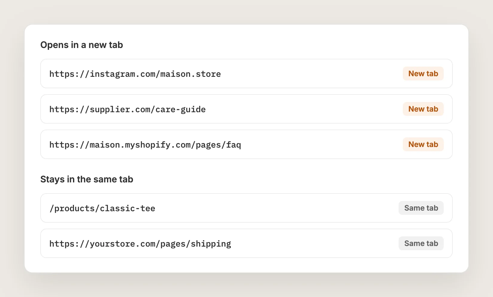 Example links where instagram.com, a supplier page and a myshopify.com link open in a new tab, and a relative product link and a link to the store's own domain stay in the same tab