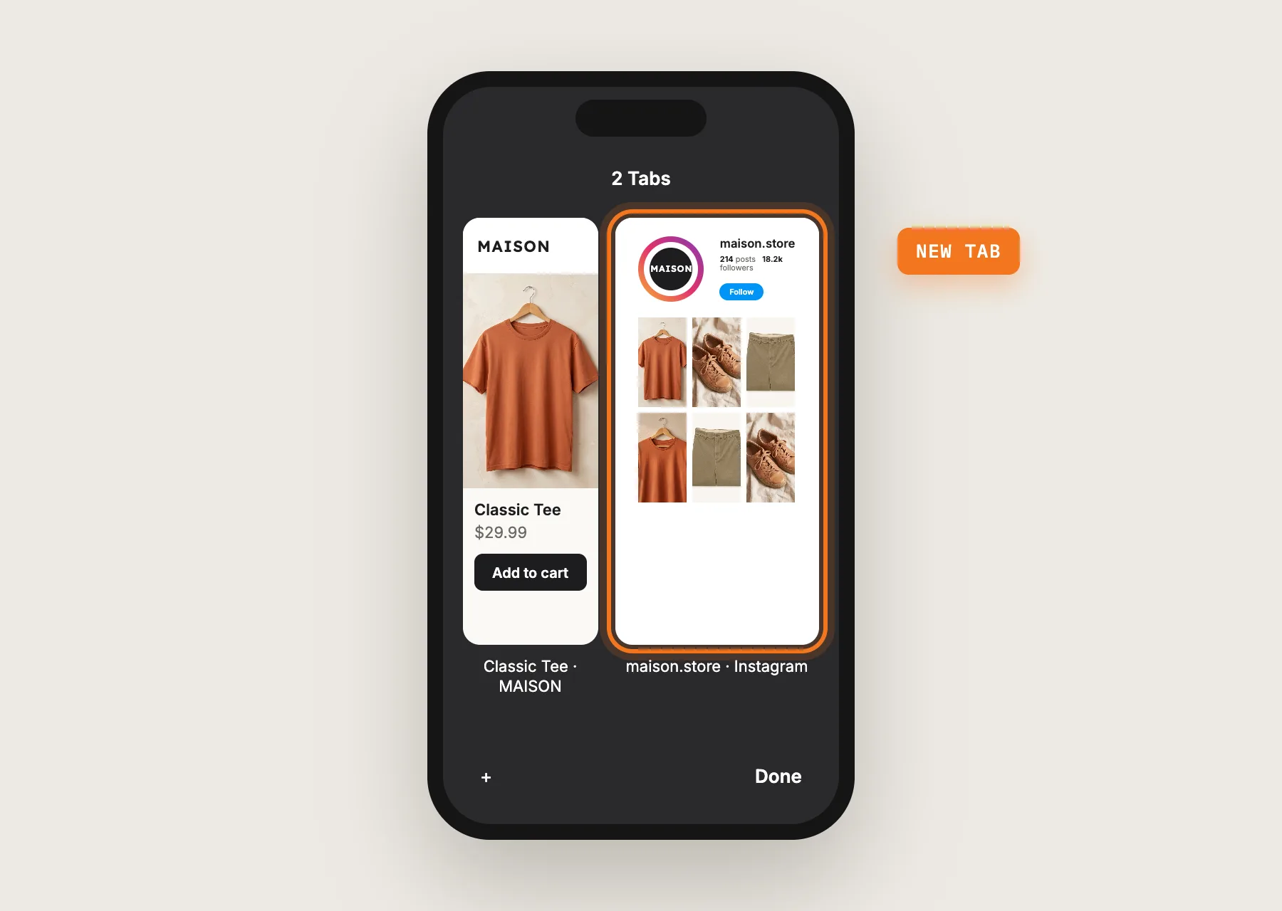 A phone's tab switcher showing the store in one tab and Instagram in a new tab